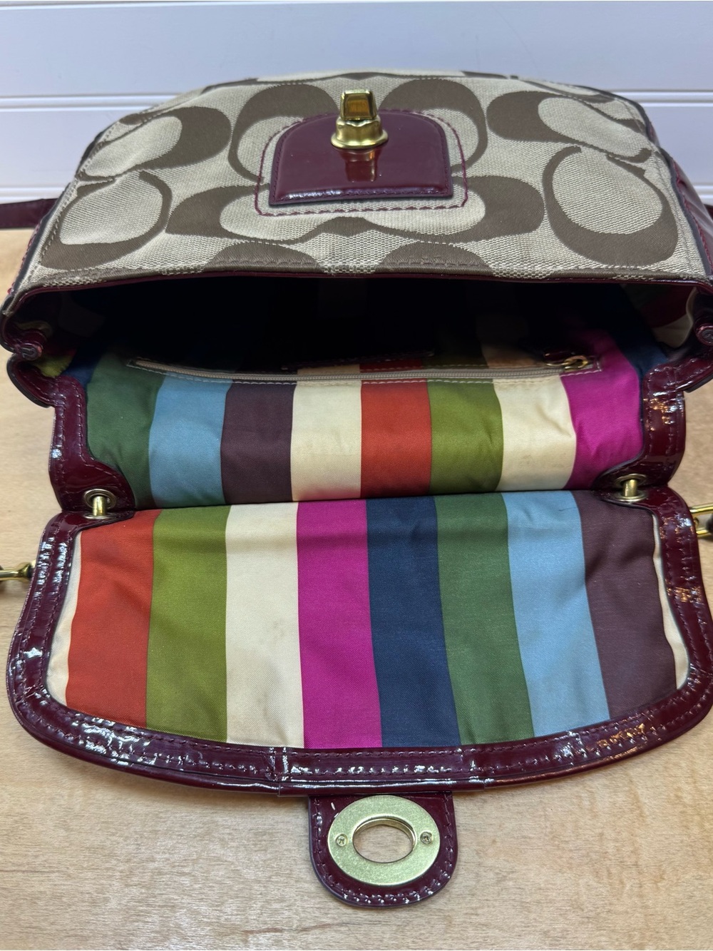 Coach Willis Tan Signature Canvas Shoulder Bag with Burgundy Patent Trim - Picture 8 of 11